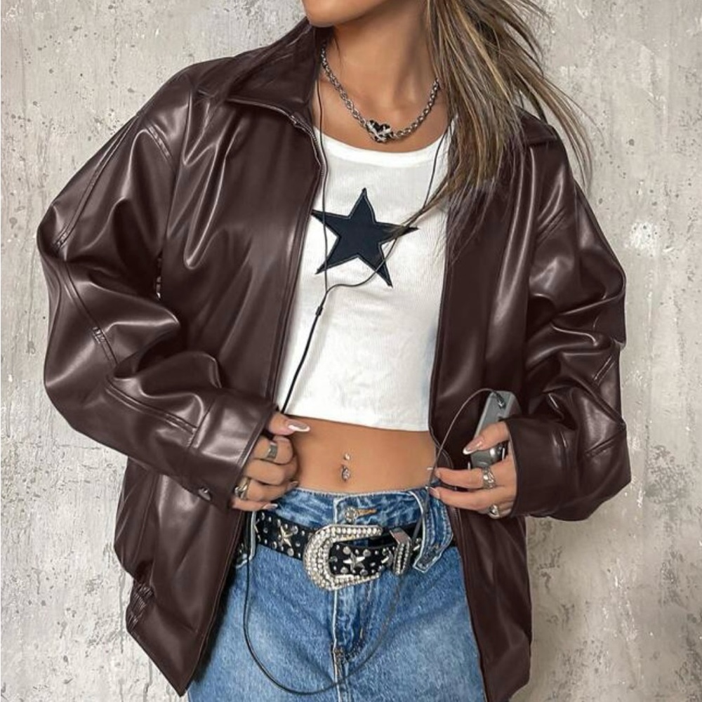 Leather Jacket, Shein, M, Brown